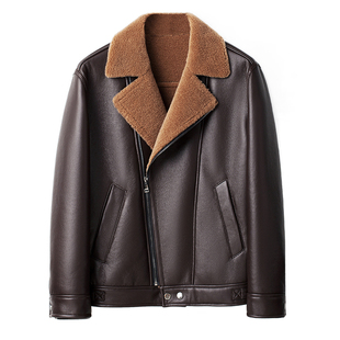 全羊毛机车皮毛一体外套男西装领短款羊剪绒皮草加厚羊羔绒皮夹克