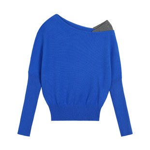 pusumede 温柔姐系~斜肩拼接露肩针织衫女撞色设计感毛衣气质上衣