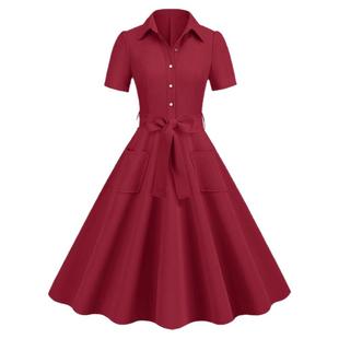复古通勤polo领短袖收腰显瘦大摆赫本风派对红色连衣裙大码女装夏