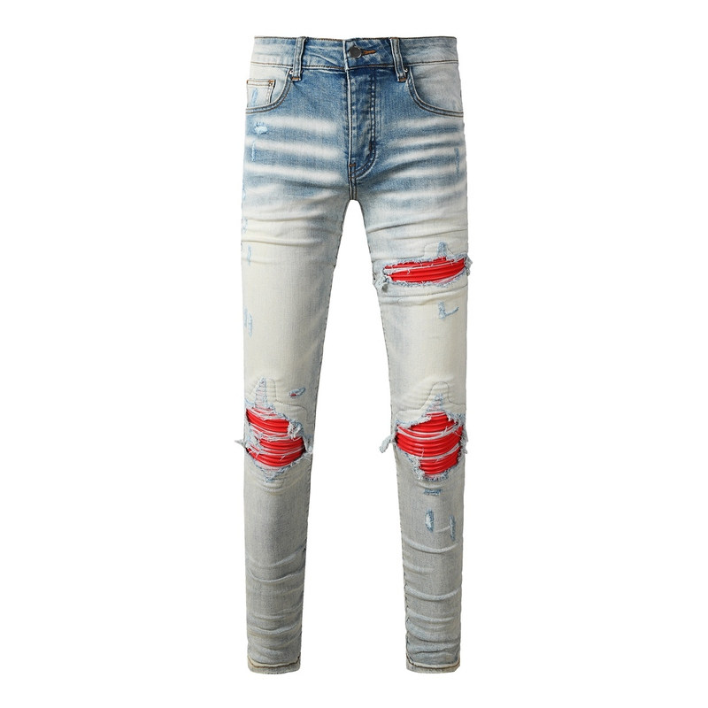 AMR JEANS 美式高街潮牌水洗磨白牛仔裤红色拼皮补丁修身小脚裤男