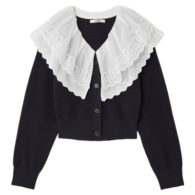 SNIDEL2025秋冬新品甜美双层蕾丝钩花翻领长袖针织衫SWNT254236