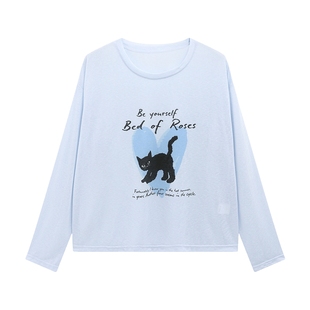 Basic House/百家好白色长袖T恤女秋新款可爱印花宽松休闲潮流T恤