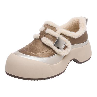 女士加绒皮面老爹鞋保暖棉鞋