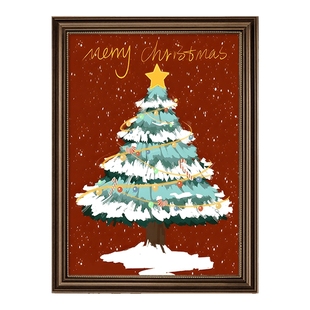 圣诞树2025新款出租屋装饰画欧美式复古油画节日气氛装饰肌理挂画