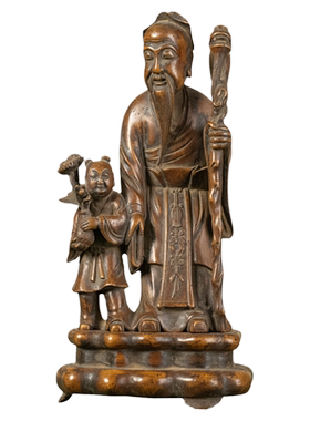 清代黄杨木雕老人童子摆件