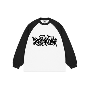 蜜丘琳Breaking小领口美式嘻哈插肩袖长袖T恤宽松BBOY涂鸦长袖