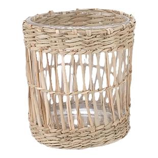 北欧小圆玻璃蜡烛托草编手作莎草氛围桌面装饰烛台置物杯浪漫茶灯