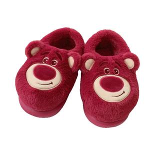 厚底包跟室内毛绒鞋男女秋冬季保暖可爱卡通草莓熊情侣居家棉拖鞋