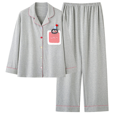 长袖开衫翻领睡衣女款春秋季2026新款100%纯棉卡通圣诞家居服套装