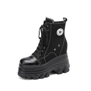 韩版超高跟内增高12CM真皮马丁靴女秋冬厚底牛皮帆布鞋高帮鞋短靴