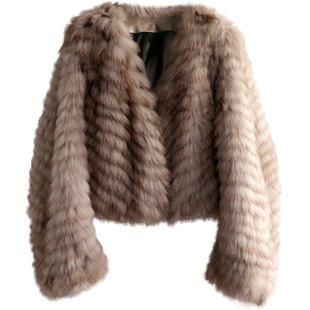 2025年进口狐狸毛皮草外套短款V领晕染紫貂色阔袖车条狐狸毛大衣