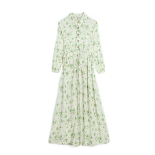 旅行文艺田园风天丝棉碎花连衣裙装宽松显瘦抽带中腰百搭长袖长裙