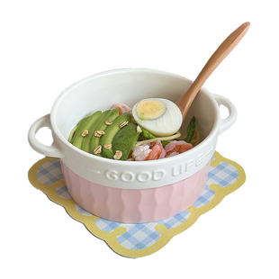 高颜值少女心陶瓷碗釉下彩双耳碗汤碗小号个人专用减脂餐碗螺蛳粉