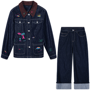 落落狷介秋日ootd穿搭一整套牛仔套装裤小个子两件套刺绣牛仔外套