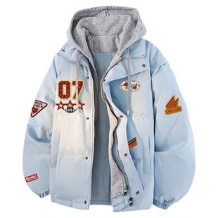 查尔斯桃心趣味印花拼接假两件羽绒服男士冬季新款保暖加厚外套潮