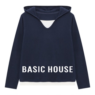 百家好撞色假两件针织T恤衫春季新款女士宽松V领拼接长袖连帽上衣