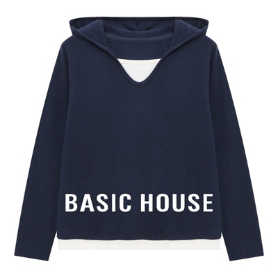 百家好撞色假两件针织T恤衫春季新款女士宽松V领拼接长袖连帽上衣