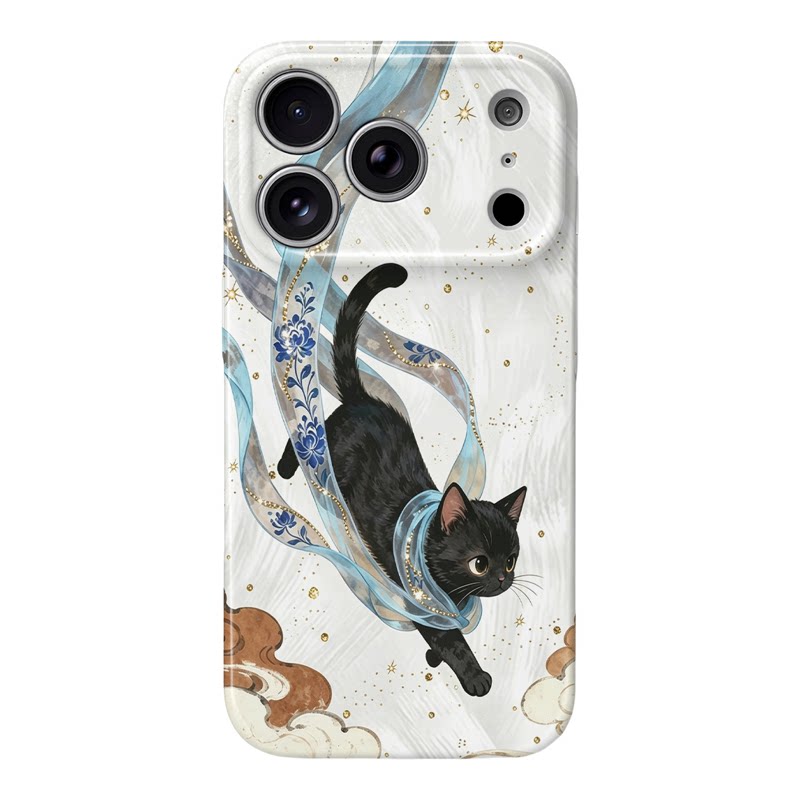 新中式古风飞天祥云小黑猫手机壳