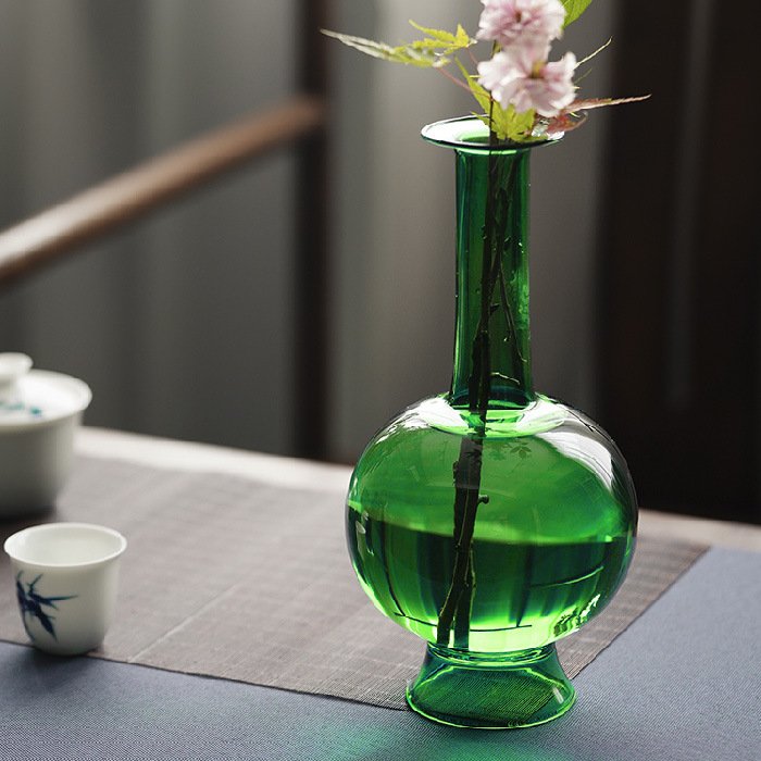 仿宋直颈雀蓝磨砂玻璃花瓶仿古透明净瓶文人古典台面新中式插花器