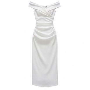 白色一字领垂感派对裙包臀中长款小礼服女平时可穿过膝显瘦连衣裙