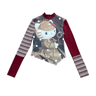 OOURSLAB 猫猫集团美式复古t恤原创设计感红色条纹拼接不规则上衣