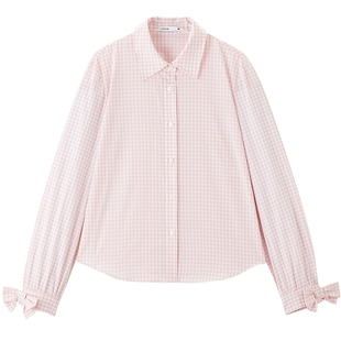 乐町格纹长袖衬衫女装2026年春季新袖口蝴蝶结装饰可爱甜美上衣+
