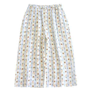 纯棉睡裤女士七分裤夏季薄宽松卡通印花100%全棉纱布家居裤可外穿