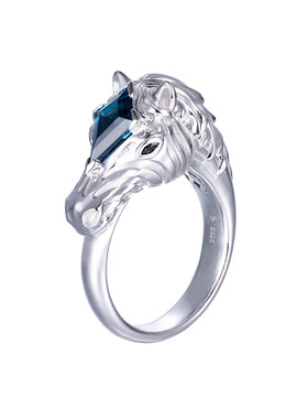 生肖马戒指 S925纯银天然伦敦蓝托帕石原创单戒 中性高级马年礼物