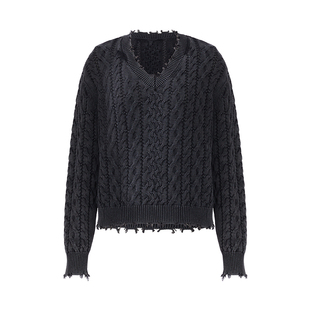 IAmMIX27V领针织套头衫女复古做旧不规则毛须落肩全棉绞花上衣女