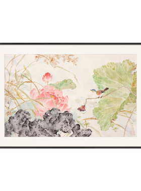 新中式荷花花鸟背景挂画