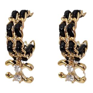 赫本凯旋门耳环黑色皮质耳钉女编织锁链秋冬耳饰高级感小香风耳坠