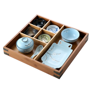 日式五格寿司套装一人份民宿餐具多格分餐竹盒甜品碟火锅分格竹盘