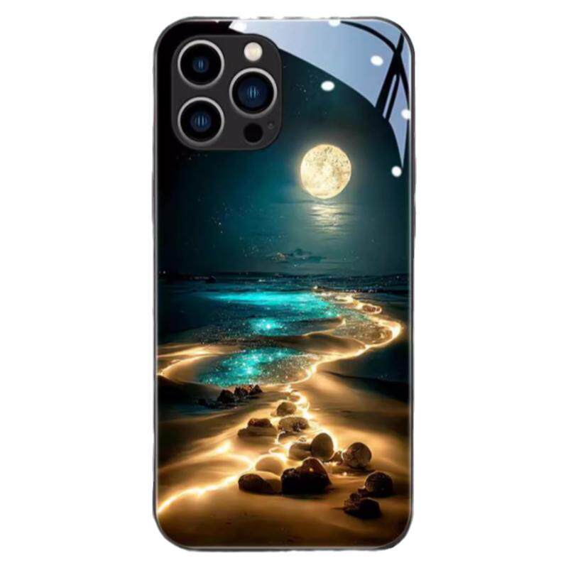 海滩月海适用于苹果16promax手机壳15pro氛围感新款iphone14高级来电会发光12防摔小众11玻璃防尘智能声