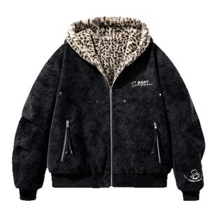 辛普森一家厚外套冬季保暖情侣装短款美式夹克女豹纹双面厚棉服男