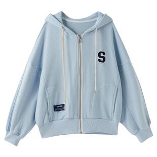 女大童简潮连帽开衫2024春秋童装青少年短款卫衣外套冰蓝休闲上衣