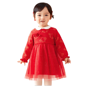 巴拉巴拉婴儿连衣裙女童宝宝新年红色裙子儿童2026春装新款童装小