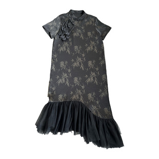 HESHEME新中式改良旗袍黑金缎面显瘦国风少女感小个子爱心连衣裙