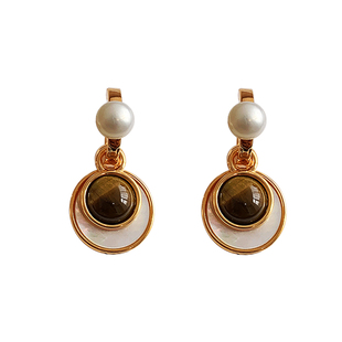 美拉德虎眼石贝母珍珠耳环女轻奢高级感气质耳扣2026新款复古耳饰