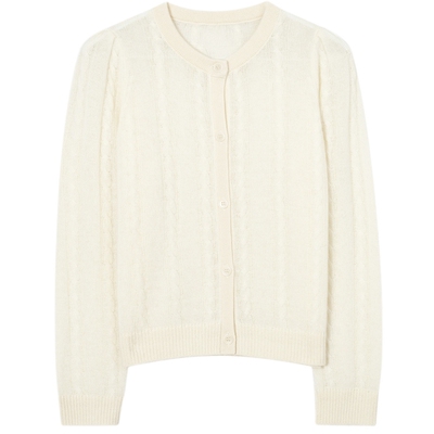 伊芙丽全羊绒圆领绞花设计感羊绒开衫女2023秋装新款质感外穿上衣