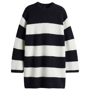 HM女装连衣裙2026年春季新款法式针织条纹圆领长袖中长裙1270558