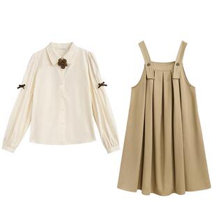 紫涵背带连衣裙叠穿翻领打底衬衫两件套女春秋新款户外时尚套装