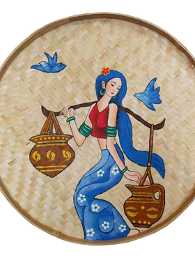 手绘竹编簸箕画云南特色装饰画