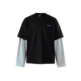 美式街头假两件条纹拼接长袖t恤男oversize秋季套头潮牌印花上衣