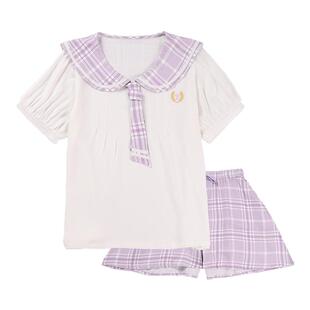 tutuanna春夏睡衣家居服 套装 女JK学院风素色短袖上衣+短裤 女