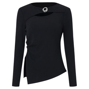 莱芙·艾迪儿斜肩长袖针织衫镂空不规则下摆修身显瘦通勤百搭上衣