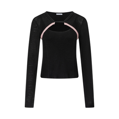 RUSTLE INTERLUDE 美丽诺羊毛假两件撞色长袖针织衫上衣