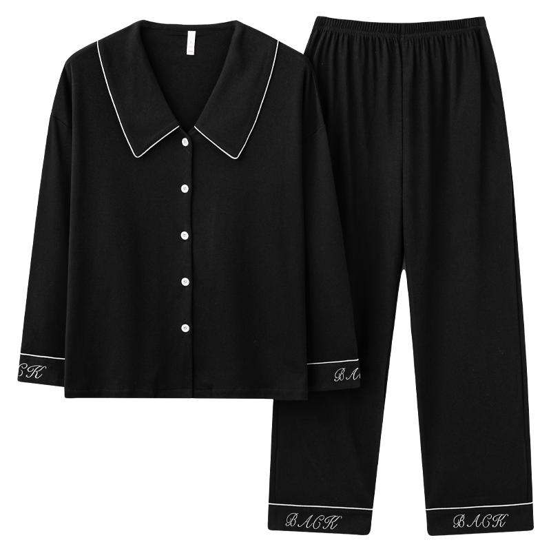 猫人睡衣女士春秋季新款纯棉长袖黑色高级感宽松大码家居服套装