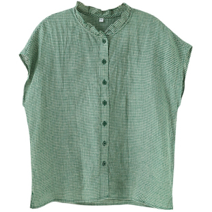 谷家 100%色织亚麻花边领短袖上衣 清爽透气格子落肩小衫女夏新