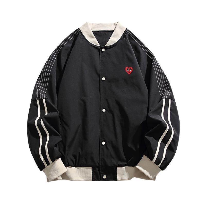 查尔斯桃心拼色条纹棒球服夹克男