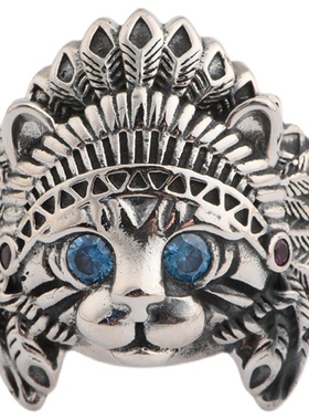 s925纯银印第安酋长猫咪戒指耳钉